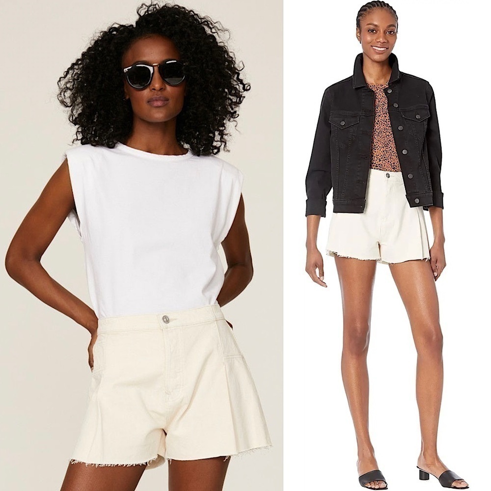 HUDSON 90s Pleated Beige Denim High Waist Frayed Raw Hem‎ Cutoff Jean Shorts 28